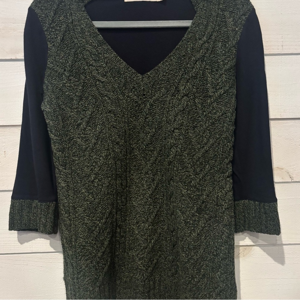 Pilcro and the Letterpress byAnthropology Green/Navy Cable Knit V-Neck Sweater - Picture 6 of 15